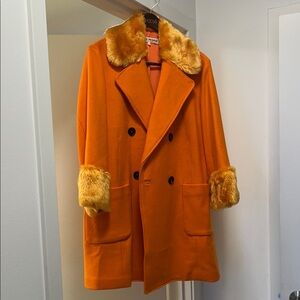 Free People Orange Double-Breasted Coat with Faux Fur Trim